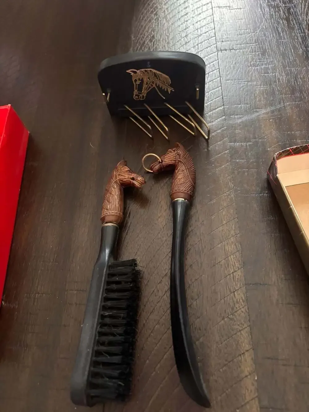 Vintage Tie Rack Wall Plaque Brush-n-Shoehorn Horse Equestrian Theme Set